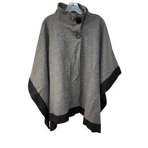 Jones New York Poncho Top Cape One Size Gray Black Trim Wool Classic Mock Neck